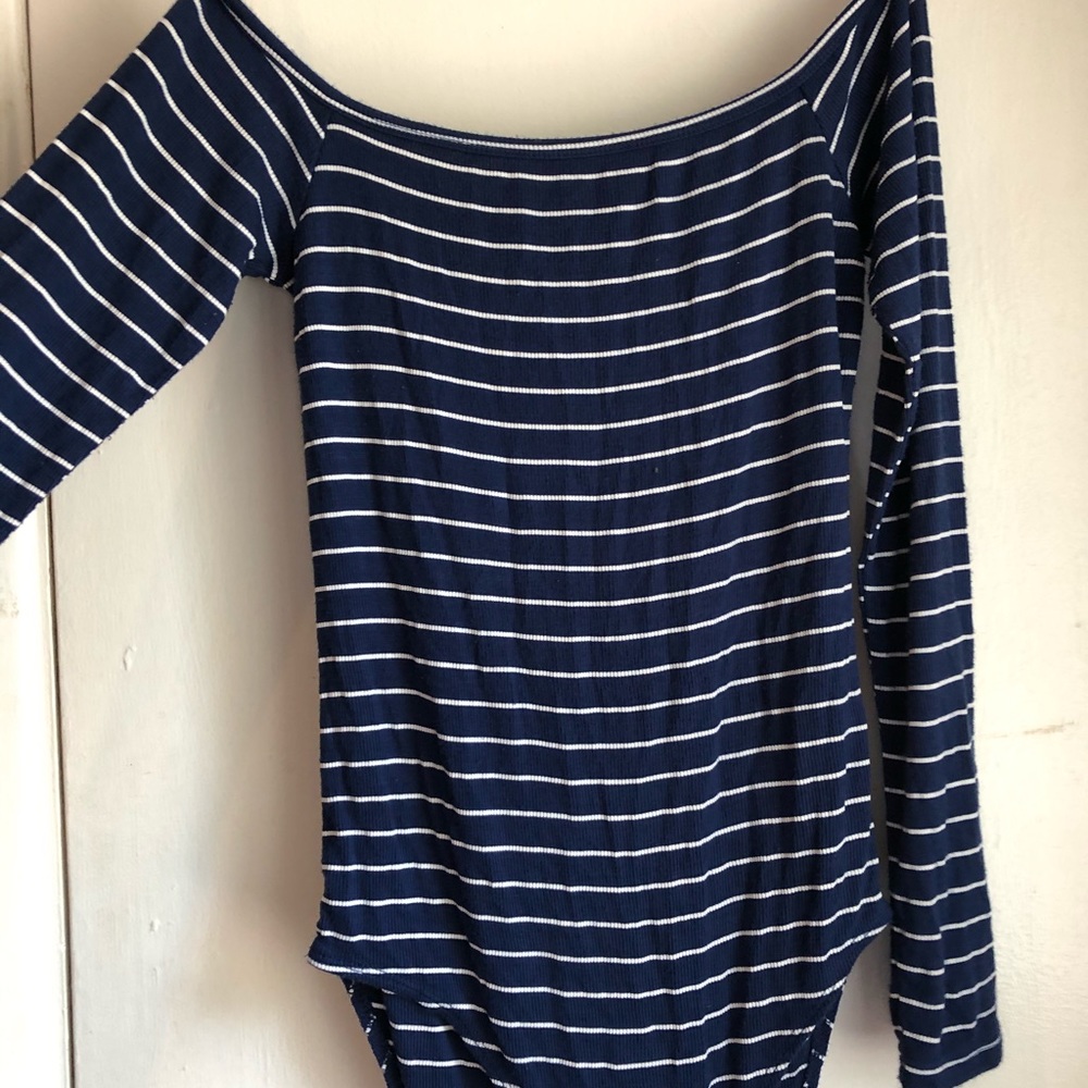 Blue and white off shoulders bodysuit